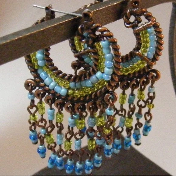 Vintage Southwest Turquoise Bead Hoops Dangle Earrings Chandelier Boho Earrings - Picture 6 of 9